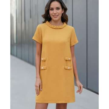 Yioaga Womens Tweed Jackie Dress Elegant Crew Neck Short Sleeve Button Bodycon Mini Dress(Gamboge,XS)