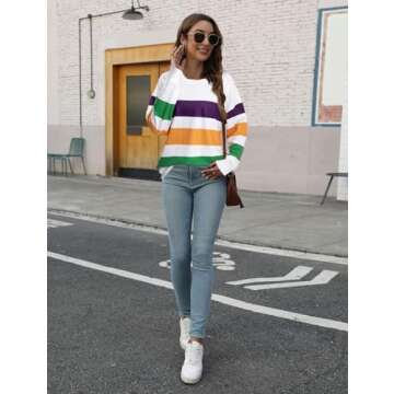 Womens Mardi Gras Shirt Stripes Fat Tuesday Tee Shirt New Orleans Carnival Party Long Sleeve Shirts Top