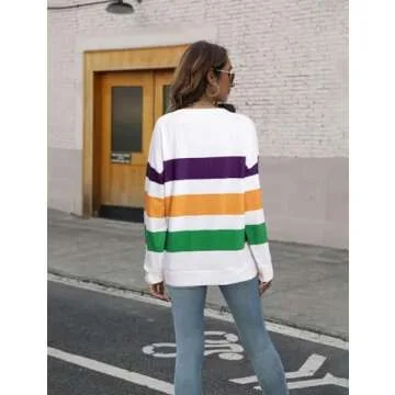 Womens Mardi Gras Shirt Stripes Fat Tuesday Tee Shirt New Orleans Carnival Party Long Sleeve Shirts Top