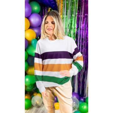 Womens Mardi Gras Shirt Stripes Fat Tuesday Tee Shirt New Orleans Carnival Party Long Sleeve Shirts Top