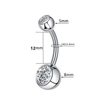 PWUEITR Belly Button Ring for Women Men 14G 8mm 10mm 12mm 14mm Titanium Round Rhinestones Navel Barbell Stud Body Piercing Jewelry,Silver 12mm
