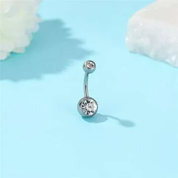 PWUEITR Belly Button Ring for Women Men 14G 8mm 10mm 12mm 14mm Titanium Round Rhinestones Navel Barbell Stud Body Piercing Jewelry,Silver 12mm