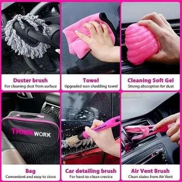 THINKWORK Car Detailing Kit Interior Cleaner, Car Cleaning Kit with 8000PA Cordless Pink Handheld Vacuum Cleaner, Car Interior Detailing Brush Set, Pink Car Accessories, Gift for Women