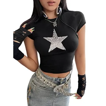 SOLY HUX Women's Summer Star Print Cap Sleeve Tee T Shirts Casual Crop Tops Black S