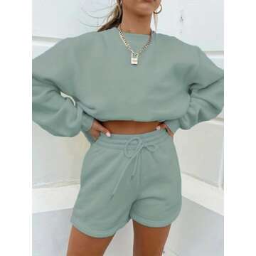 MakeMeChic Women's 2 Piece Outfits Long Sleeve Sweatshirts and Drawstring Shorts Sweatsuit Sets Green Small