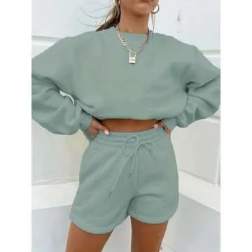 MakeMeChic Women's 2 Piece Outfits Long Sleeve Sweatshirts and Drawstring Shorts Sweatsuit Sets Green Small