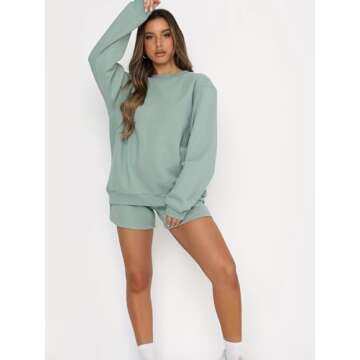 MakeMeChic Women's 2 Piece Outfits Long Sleeve Sweatshirts and Drawstring Shorts Sweatsuit Sets Green Small