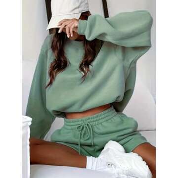 MakeMeChic Women's 2 Piece Outfits Long Sleeve Sweatshirts and Drawstring Shorts Sweatsuit Sets Green Small