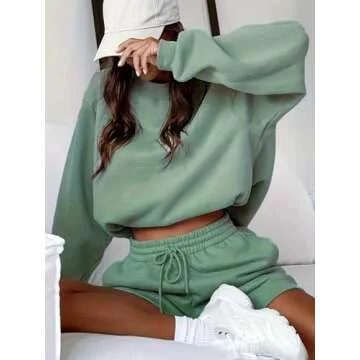 MakeMeChic Women's 2 Piece Outfits Long Sleeve Sweatshirts and Drawstring Shorts Sweatsuit Sets Green Small