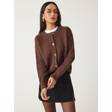 CIDER Women's Knit Cardigan Button Down Crew Neck Long Sleeve Open Front Thick Outerwear Winter Outfit: Coffee, S