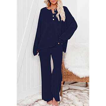 Pink Queen Women's 2 Piece Sweater Set Outfit Knit Pullover Top and Wide Leg Pants Sweatsuit Pajama Set Navy Blue L