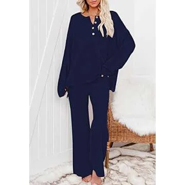 Pink Queen Women's 2 Piece Sweater Set Outfit Knit Pullover Top and Wide Leg Pants Sweatsuit Pajama Set Navy Blue L