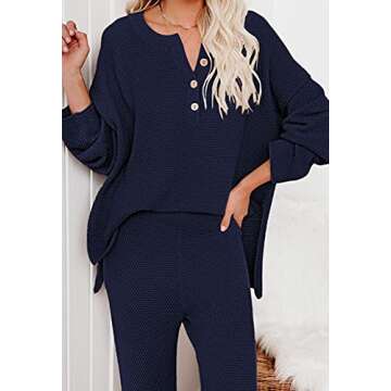 Pink Queen Women's 2 Piece Sweater Set Outfit Knit Pullover Top and Wide Leg Pants Sweatsuit Pajama Set Navy Blue L