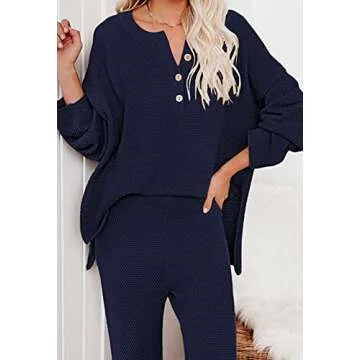 Pink Queen Women's 2 Piece Sweater Set Outfit Knit Pullover Top and Wide Leg Pants Sweatsuit Pajama Set Navy Blue L
