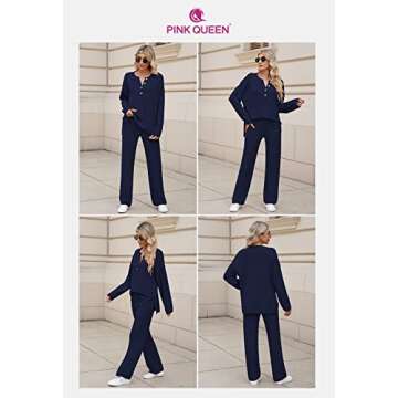 Pink Queen Women's 2 Piece Sweater Set Outfit Knit Pullover Top and Wide Leg Pants Sweatsuit Pajama Set Navy Blue L