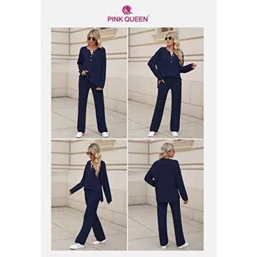 Pink Queen Women's 2 Piece Sweater Set Outfit Knit Pullover Top and Wide Leg Pants Sweatsuit Pajama Set Navy Blue L