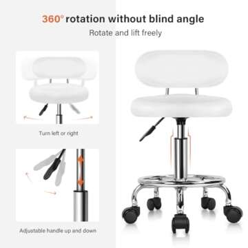 KKTONER PU Leather Modern Rolling Stool with Low Back Height Adjustable Work Salon Drafting Swivel Task Chair with Footrest (White)