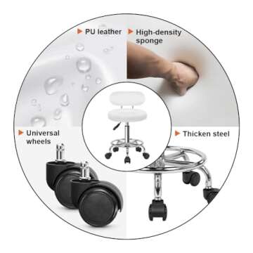 KKTONER PU Leather Modern Rolling Stool with Low Back Height Adjustable Work Salon Drafting Swivel Task Chair with Footrest (White)