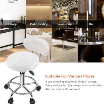 KKTONER PU Leather Modern Rolling Stool with Low Back Height Adjustable Work Salon Drafting Swivel Task Chair with Footrest (White)