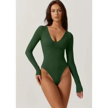 QINSEN Sexy Long Sleeve V Neck Bodysuit for Women