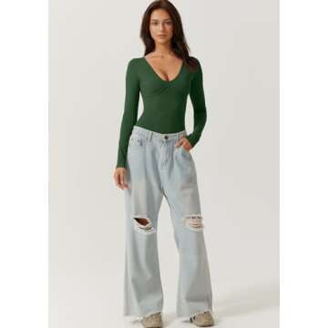 QINSEN Sexy Woman's Long Sleeve V Neck Bodycon Jumpsuit Ctretch Curvy Bodysuit Green M