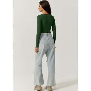 QINSEN Sexy Woman's Long Sleeve V Neck Bodycon Jumpsuit Ctretch Curvy Bodysuit Green M