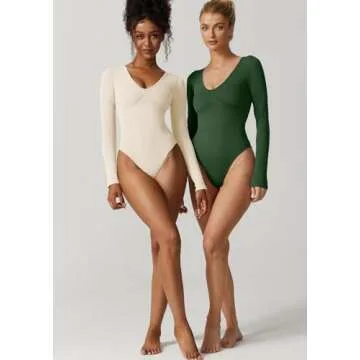 QINSEN Sexy Long Sleeve V Neck Bodysuit for Women
