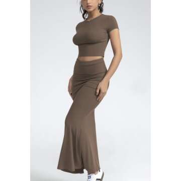 CHYRII Womens Two Piece Sets Short Sleeve Crewneck Cropped Top Bodycon Fold Over Maxi Skirt Maxi Dress Outfits Brown M