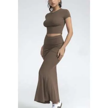 CHYRII Womens Two Piece Sets Short Sleeve Crewneck Cropped Top Bodycon Fold Over Maxi Skirt Maxi Dress Outfits Brown M