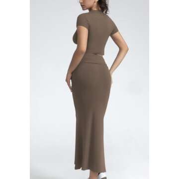 CHYRII Womens Two Piece Sets Short Sleeve Crewneck Cropped Top Bodycon Fold Over Maxi Skirt Maxi Dress Outfits Brown M