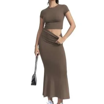 CHYRII Womens Two Piece Sets Short Sleeve Crewneck Cropped Top Bodycon Fold Over Maxi Skirt Maxi Dress Outfits Brown M