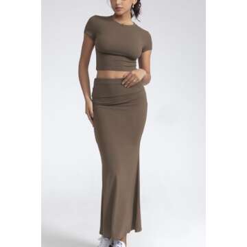 CHYRII Womens Two Piece Sets Short Sleeve Crewneck Cropped Top Bodycon Fold Over Maxi Skirt Maxi Dress Outfits Brown M