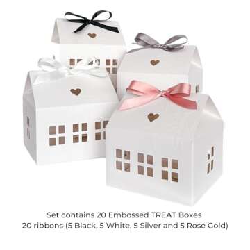 Karentology 20 Pcs Classic House Shaped Gift Boxes with Neutral Ribbons for Treats, Desserts, Fancy Cookie, White Gable Bakery Packaging