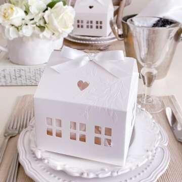 Karentology 20 Pcs Classic House Shaped Gift Boxes with Neutral Ribbons for Treats, Desserts, Fancy Cookie, White Gable Bakery Packaging