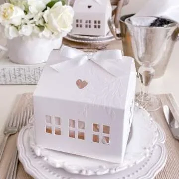 Karentology 20 Pcs Classic House Shaped Gift Boxes with Neutral Ribbons for Treats, Desserts, Fancy Cookie, White Gable Bakery Packaging