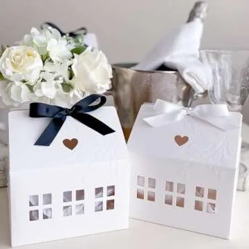 Karentology 20 Pcs Classic House Shaped Gift Boxes with Neutral Ribbons for Treats, Desserts, Fancy Cookie, White Gable Bakery Packaging