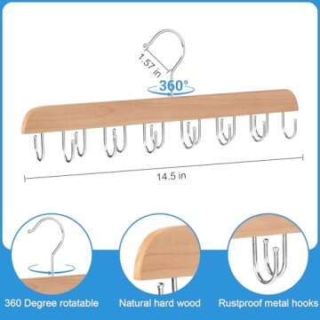 2 Pcs Belt Hanger for Closet, Holds Up to 42 Belts, Sturdy Wooden Belt Rack with 14 Hooks, Space-Sav...