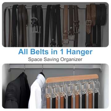 2 Pcs Belt Hanger for Closet, Holds Up to 42 Belts, Sturdy Wooden Belt Rack with 14 Hooks, Space-Saving Belt and Tie Organizer for Closet Storage (2, Yellow)