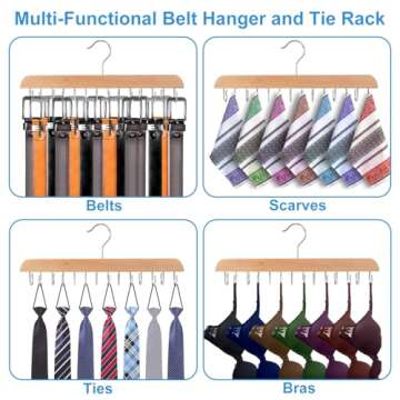 2 Pcs Belt Hanger for Closet, Holds Up to 42 Belts, Sturdy Wooden Belt Rack with 14 Hooks, Space-Saving Belt and Tie Organizer for Closet Storage (2, Yellow)