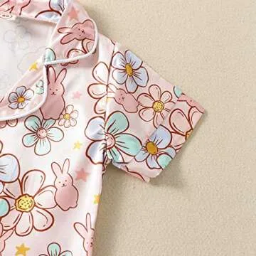 MAINESAKA Baby Girl Short Sleeve Button Down Tops And Shorts Snug Fit Pajamas Set 2 Piece Silk Satin Pjs Summer Sleepwear (Pink Easter Bunny, 5-6 Years)