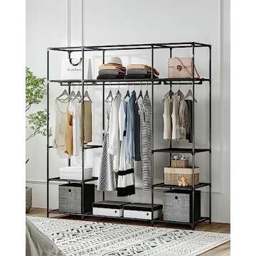 Hzuaneri Closet Wardrobe, 64-inch Portable Closet for Bedroom, 3 Clothes Rail with 9 Compartments Sh...