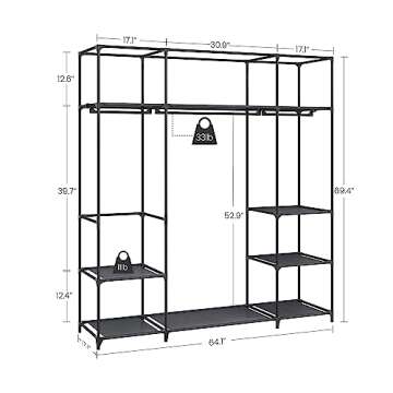 Hzuaneri Closet Wardrobe, 64-inch Portable Closet for Bedroom, 3 Clothes Rail with 9 Compartments Shelves, Freestanding Clothes Storage Organizer for Cloakroom, Black WH0203