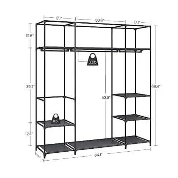 Hzuaneri Closet Wardrobe, 64-inch Portable Closet for Bedroom, 3 Clothes Rail with 9 Compartments Shelves, Freestanding Clothes Storage Organizer for Cloakroom, Black WH0203