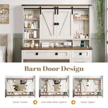 AOGLLATI Makeup Vanity with Lights & Barn Doors, Vanity Desk with Mirror and Lights & Charging Station, Farmhouse White Vanity Table with Jewelry Hooks and Open Storage Shelves