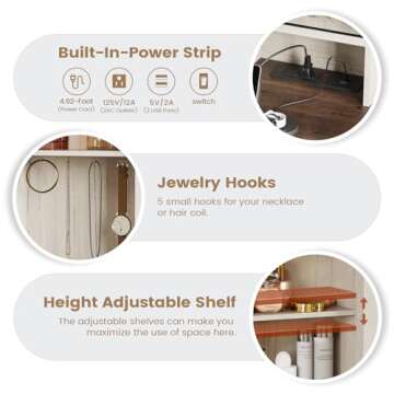 AOGLLATI Makeup Vanity with Lights & Barn Doors, Vanity Desk with Mirror and Lights & Charging Station, Farmhouse White Vanity Table with Jewelry Hooks and Open Storage Shelves