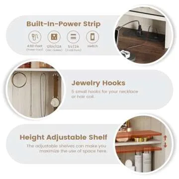 AOGLLATI Makeup Vanity with Lights & Barn Doors, Vanity Desk with Mirror and Lights & Charging Station, Farmhouse White Vanity Table with Jewelry Hooks and Open Storage Shelves