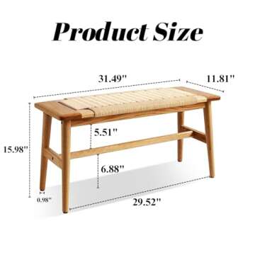 Hymus 32" L 100% FAS Oak Wooden Bench Indoor - Solid Wood Rope Woven Entryway Bench, Dining Bench, B...