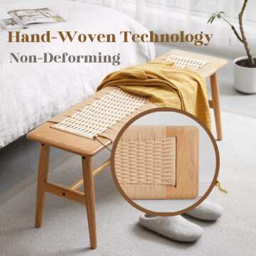 Hymus 32" L 100% FAS Oak Wooden Bench Indoor - Solid Wood Rope Woven Entryway Bench, Dining Bench, Boho Furniture for Entryway, Dining Room, Bedroom, Kitchen (Natural)