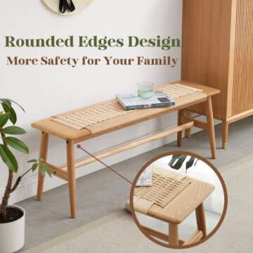 Hymus 32" L 100% FAS Oak Wooden Bench Indoor - Solid Wood Rope Woven Entryway Bench, Dining Bench, Boho Furniture for Entryway, Dining Room, Bedroom, Kitchen (Natural)