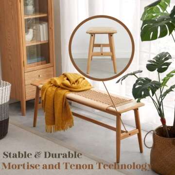 Hymus 32" L 100% FAS Oak Wooden Bench Indoor - Solid Wood Rope Woven Entryway Bench, Dining Bench, Boho Furniture for Entryway, Dining Room, Bedroom, Kitchen (Natural)